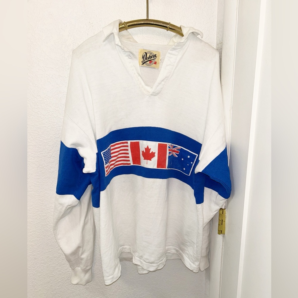 BLOKECORE Vintage DEHEN The 💯 Cotton Rugby Shirt Red-White-Blue Flags SZ: X-L